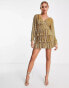 Miss Selfridge Premium festival embellished sequin tiered mini dress with long sleeve in gold