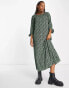 Monki tie sleeve smock midi dress in green swirl