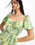 New Look square neck ruched front puff sleeve midi dress in green floral