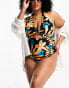 Фото #2 товара River Island Plus trim halterneck swimsuit in black tropical print