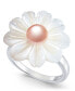 ფოტო #1 პროდუქტის Pink Cultured Freshwater Button Pearl (6mm) & Mother-of-Pearl Flower Statement Ring in Sterling Silver