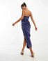 ASOS DESIGN satin corset bandeau midi dress with drape detail in indigo Синий, 46 - фото #2