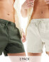 ASOS DESIGN 2 pack slim shorter length chino shorts in khaki and stone with elasticated waist save