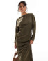 TFNC long sleeve satin cowl back maxi dress in olive