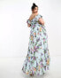 ASOS DESIGN Curve ruffle cut out off the shoulder maxi dress with hi low hem in blue floral print