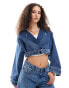 Noisy May cropped denim jacket with belt detail in mid wash blue Mittelblaues Denim, XS - EU 34 - фото #1