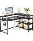 53 Inch Reversible L Shaped Desk with Storage Shelf, Modern Black Marble Corner Desk with Shelves and Monitor Stand, Gaming Desk for Home Office 53" D x 41"