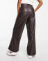 New Look Petite faux leather wide leg trousers in brown