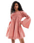 Фото #4 товара ASOS DESIGN shirred cotton mini dress with flare sleeve in rose