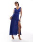 ASOS DESIGN twist shoulder v-neck pleated maxi dress in blue