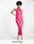 Фото #2 товара ASOS DESIGN Tall cowl neck halter midi with tie wrap waist in bright pink