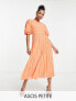 ASOS DESIGN Petite high neck pleated chevron dobby midi dress with puff sleeve in coral