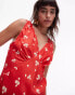 Фото #3 товара Topshop double v midi slip dress in red ditsy print