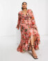 ASOS DESIGN Curve ruffle detail plunge midi dress with corsage in crinkle in pink floral print