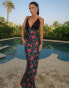 Фото #5 товара Aria Cove lace trim strappy low back maxi dress in black rose print