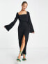 Фото #1 товара ASOS DESIGN square neck fluted sleeve knot detail midi dress in black