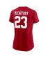 ფოტო #2 პროდუქტის Women's Christian McCaffrey Scarlet San Francisco 49ers Super Bowl LVIII Patch Player Name and Number T-shirt