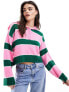 ASOS DESIGN jumper with button collar in stripe in pink and green