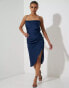 Aria Cove cowl neck thigh spilt midi dress in satin navy