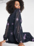 Фото #3 товара ASOS DESIGN shirred waist button through midi tea dress with all over embroidery in charcoal and purple
