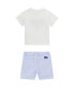 Baby Boys Short Sleeve with Embroidered Logo and Stretch Printed Woven Shorts Set