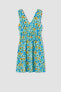 A Kesim V Yaka Sırt Dekolteli Floral Keten Görünümlü Mini Askılı Elbise Y8384az22hs