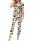 Women's 2 Piece Printed Short Sleeve Notch Top with Pants Pajama Set