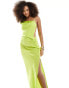 ASOS DESIGN satin asymmetric maxi dress with open back detail in lime green