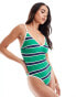 ASOS DESIGN Gigi plunge skinny strap swimsuit in green stripe