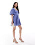 Фото #4 товара ASOS DESIGN square neck lace insert mini dress with puff sleeves in blue