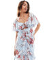 ASOS DESIGN flutter sleeve ruffle maxi dress with cut out detail in textured spot in blue floral print Синий, 44 - фото #3