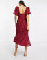 Фото #4 товара ASOS DESIGN Petite puff sleeve pleated dobby midi dress with scallop trim in burgundy