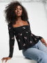 ASOS DESIGN square neck top with red floral embroidery in black