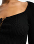 Фото #3 товара Miss Selfridge lace up detail sweetheart neck flare sleeve knit rib top in black