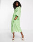 Фото #2 товара Miss Selfridge metallic chiffon shirred volume sleeve midaxi dress in green ditsy