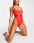 Фото #3 товара ASOS DESIGN high leg elastic swimsuit in red - RED