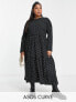 ASOS DESIGN Curve long sleeve tiered smock midi dress in black base beige spot