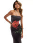 Фото #8 товара Fashionkilla slinky double layered bandeau maxi dress in black rose print