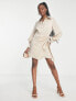 In The Style x Terrie Mcevoy button through wrap detail shirt dress in stone