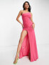 Femme Luxe asymmetric one strap maxi dress with train and thigh spilt in pink