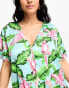 ASOS DESIGN satin parrot collarless shirt & short pyjama set in blue