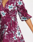 Liquorish satin wrap midi dress with puff sleeve in wine placement floral