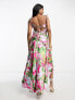 ASOS DESIGN satin ruched ruffle maxi dress with button detail in pink floral