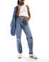 ASOS DESIGN high rise relaxed mom jeans with rips in mid blue Голубой, W32 L34 - фото #1