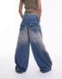 Topshop ruined cargo wide leg jeans in mid blue