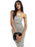 Bershka fold over bandeau fine knit maxi dress in ecru & black stripe