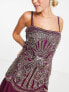 ASOS DESIGN cami mini dress with artwork embellishment and ruffle hem in plum