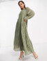 ASOS DESIGN drop waist pleated hem maxi smock dress in self stripe in khaki