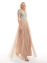 Maya Tall Bridesmaid short sleeve maxi tulle dress with tonal delicate sequins in muted blush