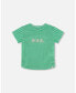 ფოტო #1 პროდუქტის Girl Crinkle Jersey Top With Flower Applique Vichy Green - Toddler|Child